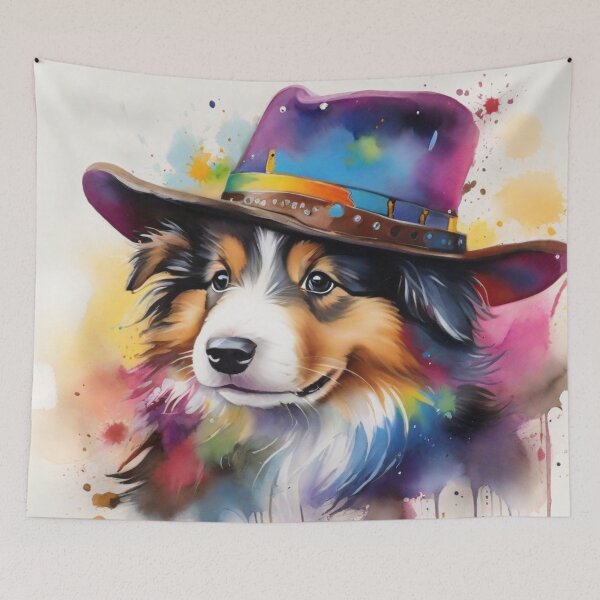 Item preview, Collie Puppy Dog Portrait With Cowboy Hat designed and sold by Wolfheartart.