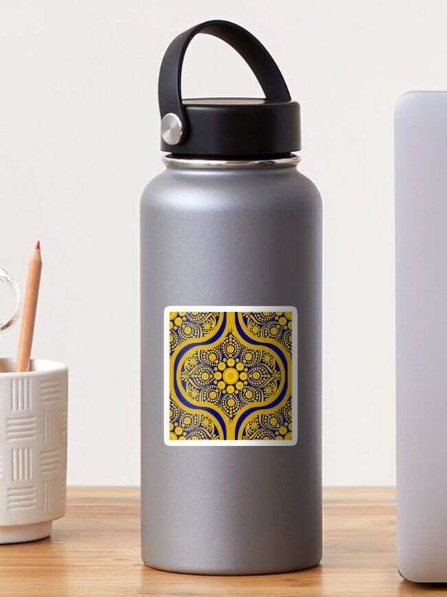 Sticker, Navy and Gold Night Blooming Buttercup Dot Mandala Ogee designed and sold by Triplicate Limited