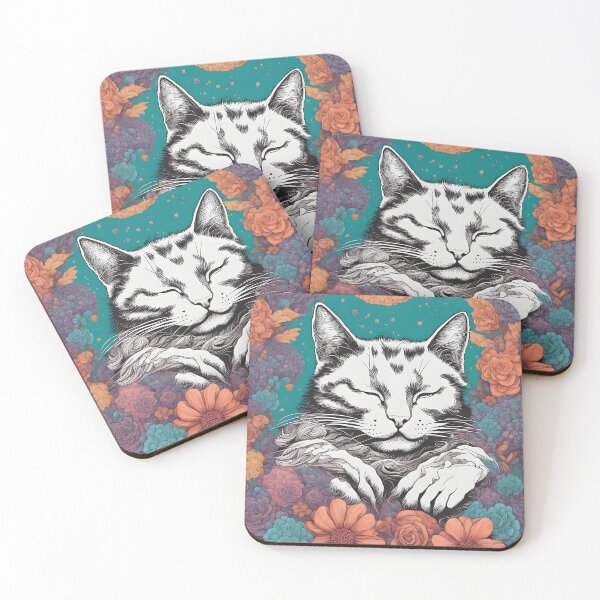 Item preview, Relaxing Sleepy Cute white Cat in floral grass designed and sold by Catophile.