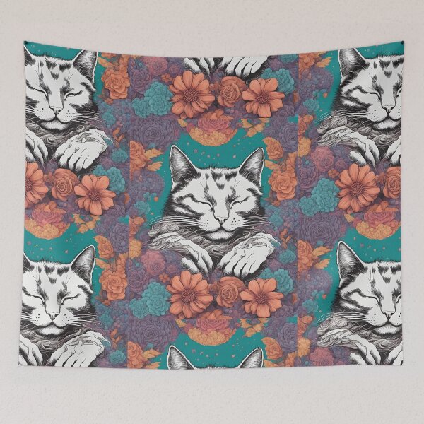 Item preview, Relaxing Sleepy Cute white Cat in floral grass designed and sold by Catophile.
