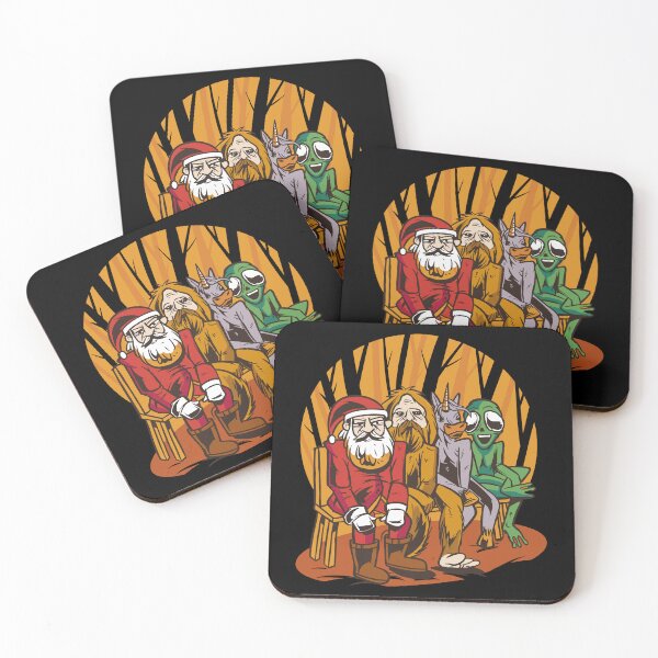 Item preview, santa claus and alien and unicorn and big foot sitting on a bench designed and sold by DrawHandArt.