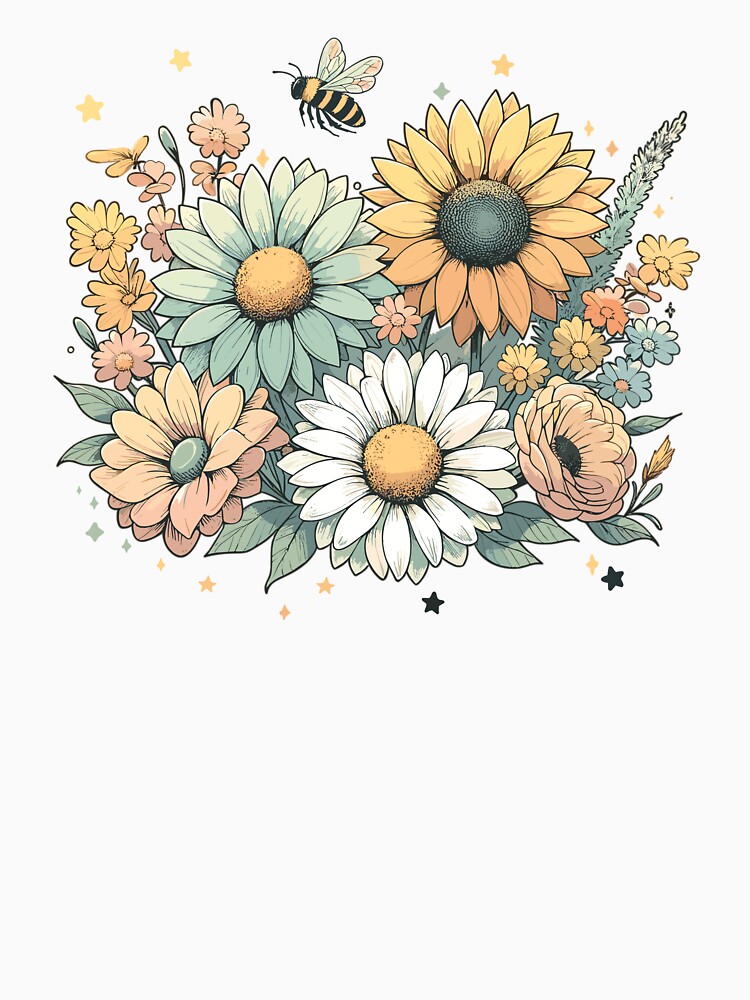 Thumbnail 7 of 7, Classic T-Shirt, Cottagecore Country Flowers, Bee and Stars designed and sold by hidden-design.