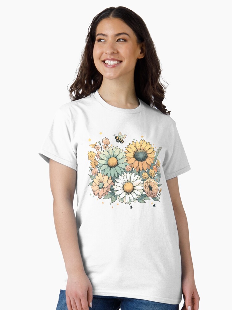 Thumbnail 2 of 7, Classic T-Shirt, Cottagecore Country Flowers, Bee and Stars designed and sold by hidden-design.