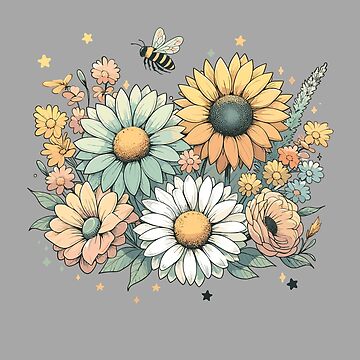 Artwork thumbnail, Cottagecore Country Flowers, Bee and Stars by hidden-design