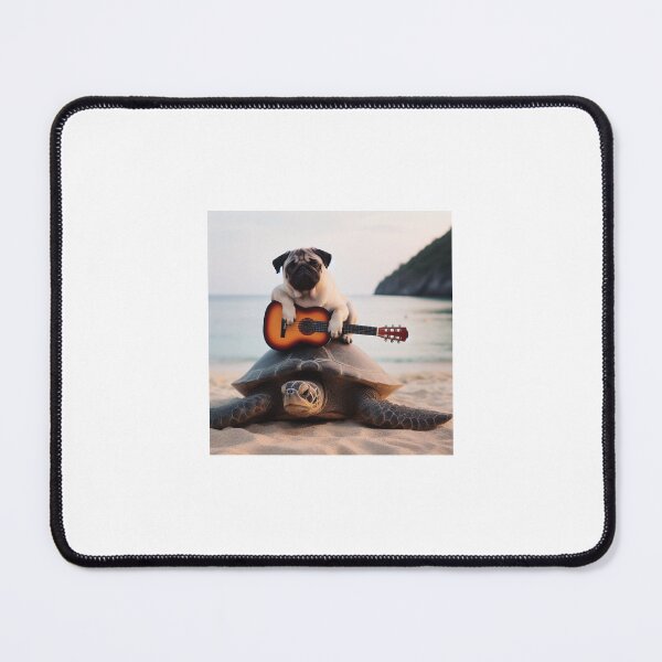Item preview, A pug dog sits on a guitar on a turtle's back on the beach. designed and sold by Nuipreecha2519.