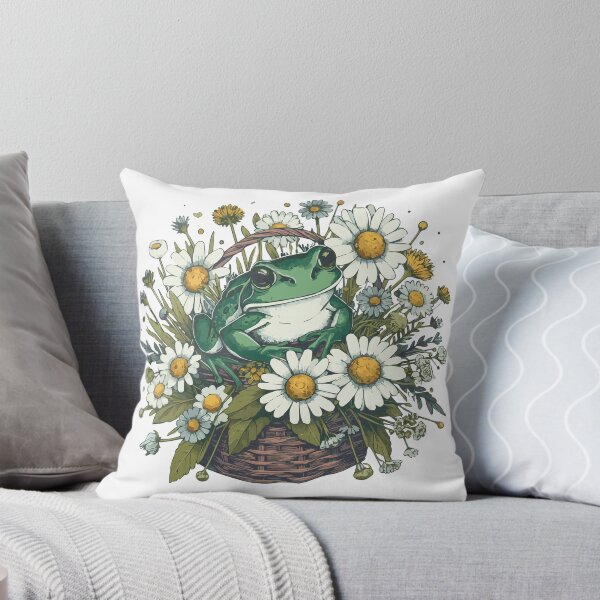 Cottagecore Frog with Flowers Throw Pillow