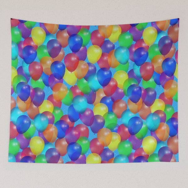 Artikelvorschau, Leuchtend bunte Geburtstagsballons vor blauem Himmel entworfen und verkauft von ArtfulFreddy.