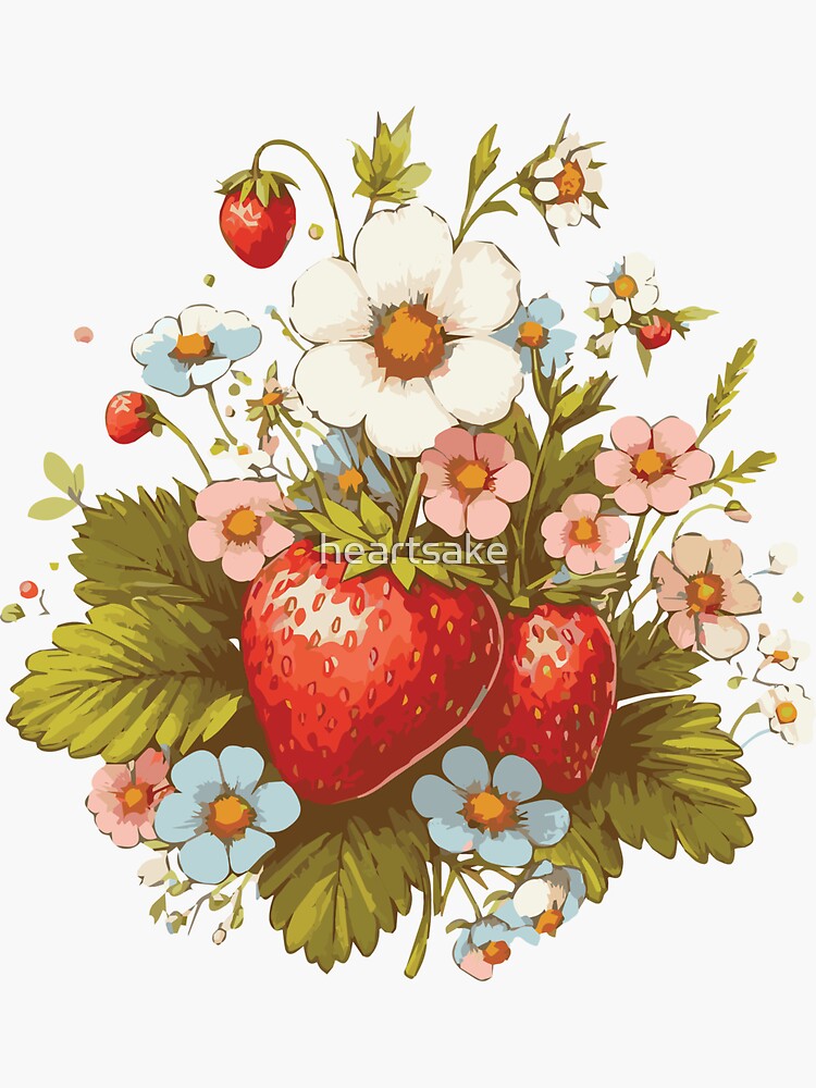 Thumbnail 3 of 3, Sticker, Cottagecore Vintage Strawberries and Wild Flowers designed and sold by heartsake.