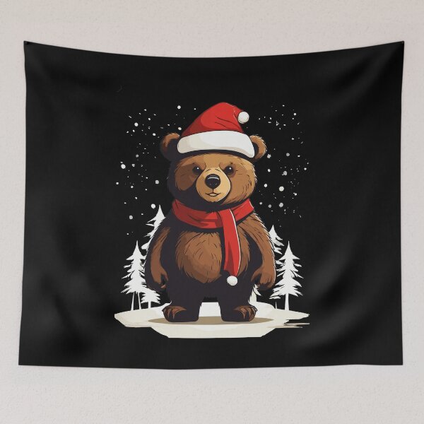 Item preview, Kawaii Bear Wearing Christmas Hat and Scarf Xmas in Snow with Trees designed and sold by Peculiarts.