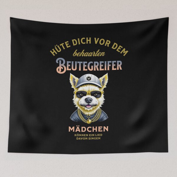 Item preview, Beware of the hairy predator, wolves, dogs, saying in German - funny designed and sold by Pflugart.