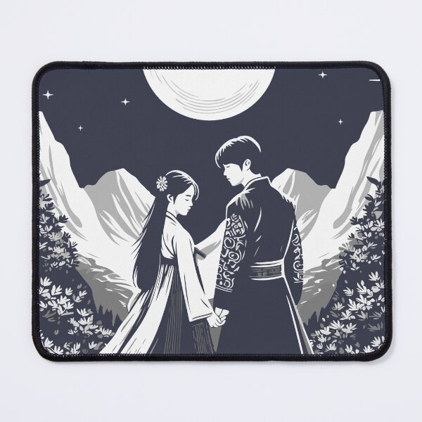 Item preview, Lovers in hanbok with Korean Mountains and Moonlight designed and sold by carodel.