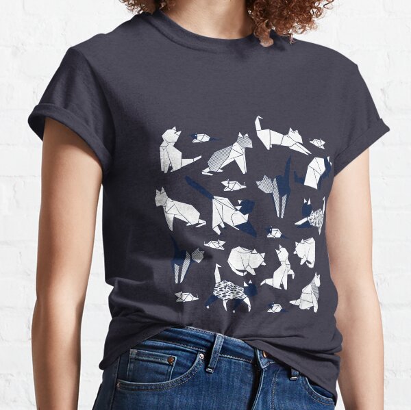 Origami kitten friends // blue navy background paper cats Classic T-Shirt