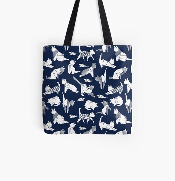 Origami kitten friends // blue navy background paper cats All Over Print Tote Bag