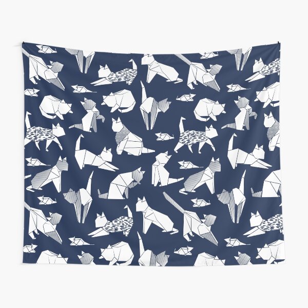 Origami kitten friends // blue navy background paper cats Tapestry
