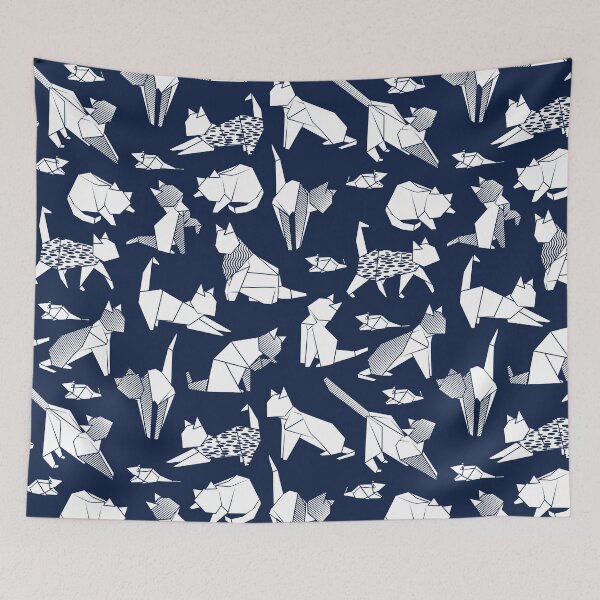 Item preview, Origami kitten friends // blue navy background paper cats designed and sold by SelmaCardoso.