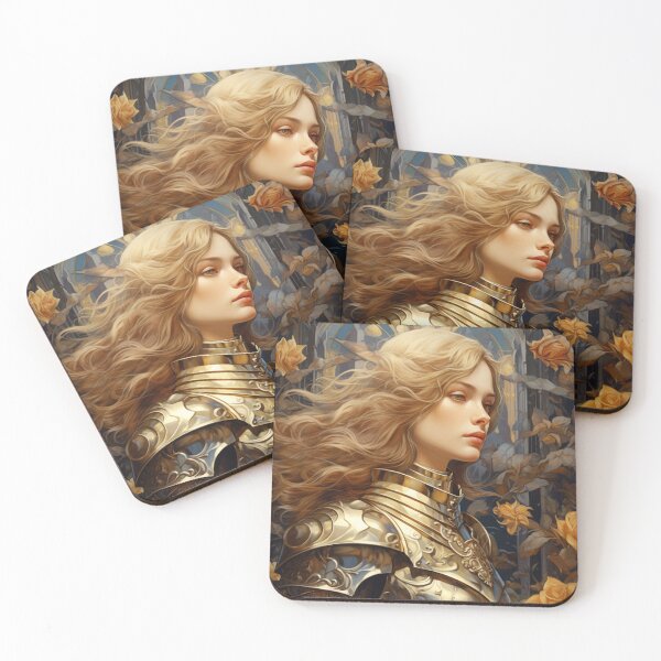 Aperçu de l'œuvre Femme Chevalier Portant Une Armure Dorée - Style Art Nouveau créée et vendue par ArtNouveauChic.
