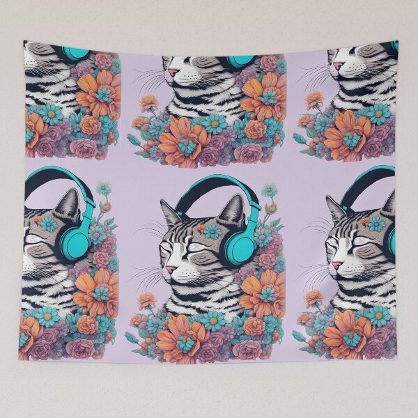 Item preview, cat headphones floral cat lover designed and sold by Catophile.