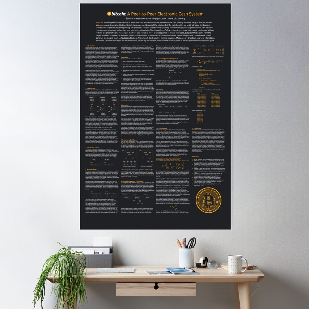 Bitcoin: A Peer-to-Peer Electronic Cash System | Bitcoin White Paper Poster  (Dark theme))