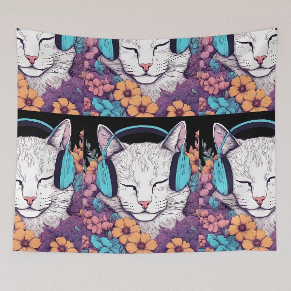 Artikelvorschau, weiße Aesthetic Cat-Kopfhörer und Blumen entworfen und verkauft von Catophile.