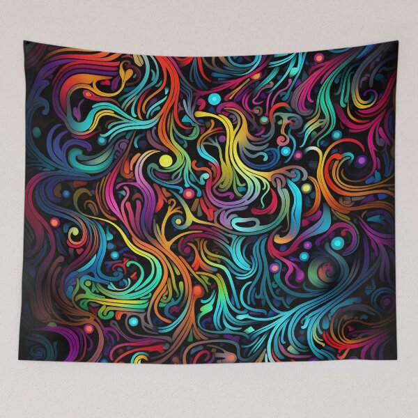 Item preview, fluorescent multicolor tribal network prin designed and sold by dcrc.