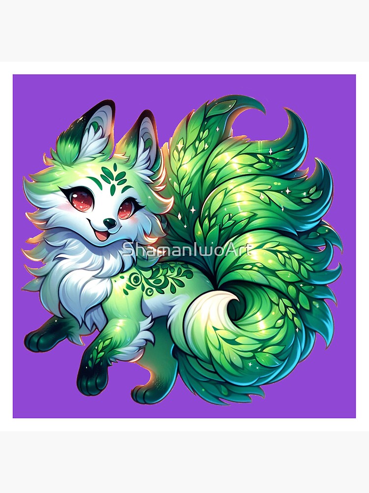 Green Kitsune Fox, Anime, Kawaii, Cute, Japanese Myth