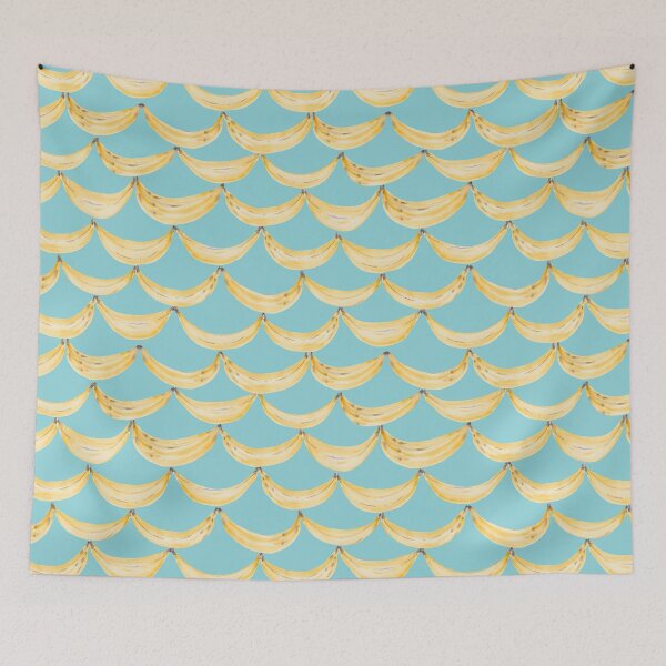 Item preview, Watercolor painting of yellow bananas on light blue background designed and sold by marufemia.