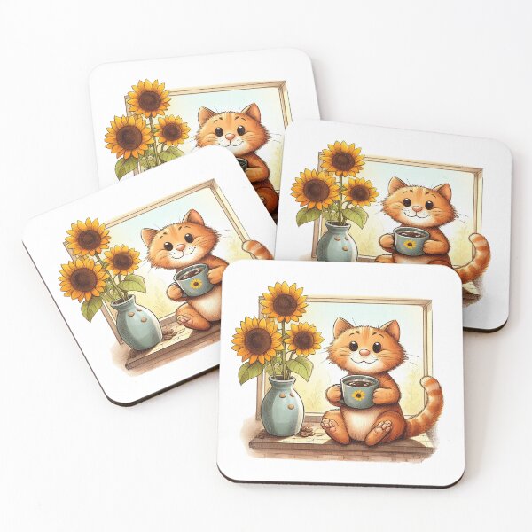Item preview, Cat with Coffee and Sunflowers designed and sold by Mila3Desing.