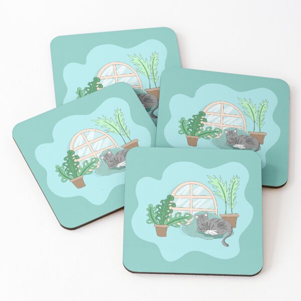 Item preview, Cozy Gray Cat Cuddled in Blanket, Rounded Window with Plants, Summery Aqua Blue Colors, made by EndlessEmporium designed and sold by EndlessEmporium.