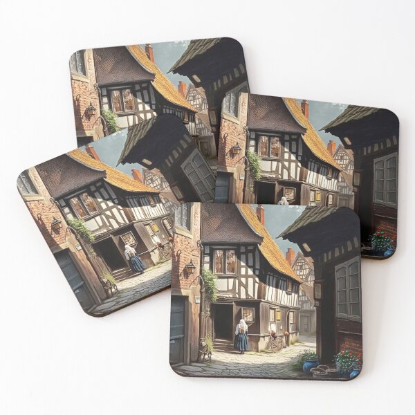 Item preview, Historical Germany Village Half-timbered Houses Cobblestones People Landscape Oil Painting designed and sold by G-M-Designs.