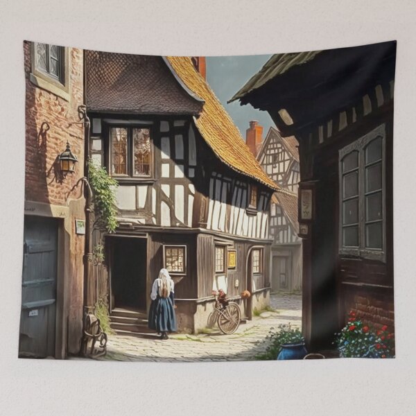 Item preview, Historical Germany Village Half-timbered Houses Cobblestones People Landscape Oil Painting designed and sold by G-M-Designs.