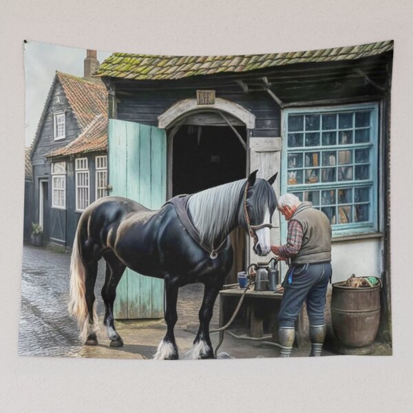 Item preview, Historic German Village Farrier Horse Houses Cobblestones People Landscape Oil Painting designed and sold by G-M-Designs.