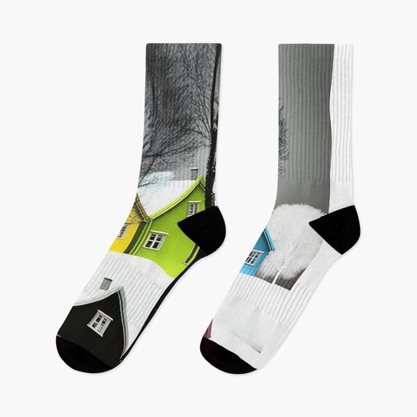 Item preview, Winter snow houses trees yellow blue green pink black gray white graphic landscape designed and sold by G-M-Designs.