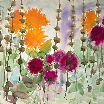 Artwork thumbnail, Noldes garden - orange and red dahlia  by Birgitte  Bjorholm