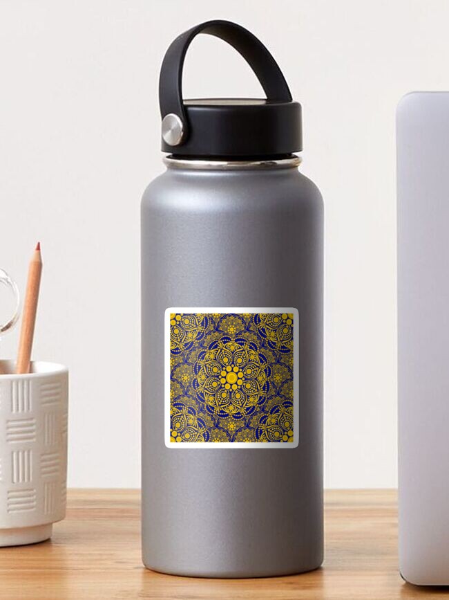 Sticker, Navy and Gold Night Blooming Buttercup Polka Dot Mandala Scallop designed and sold by Triplicate Limited