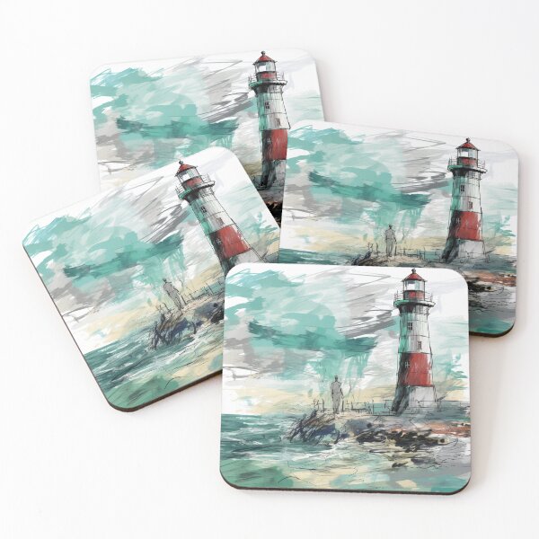 Item preview, A DRAWING AND WATERCOLOR OF A GREEN LIGHTHOUSE designed and sold by infinitearte.