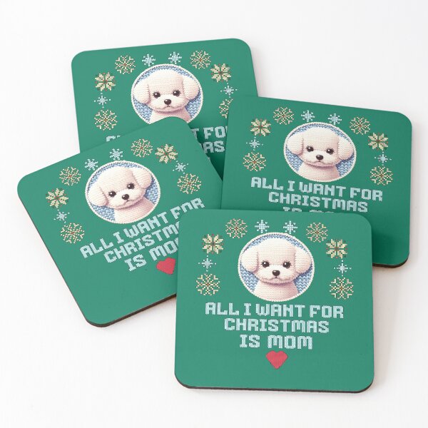 Item preview, Cute white poodle puppy on an ugly sweater design, text: 'All I want for Chrismas is Mom' designed and sold by shirtsmugslife.