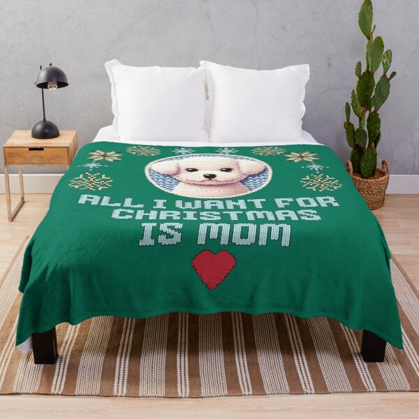 Item preview, Cute white poodle puppy on an ugly sweater design, text: 'All I want for Chrismas is Mom' designed and sold by shirtsmugslife.