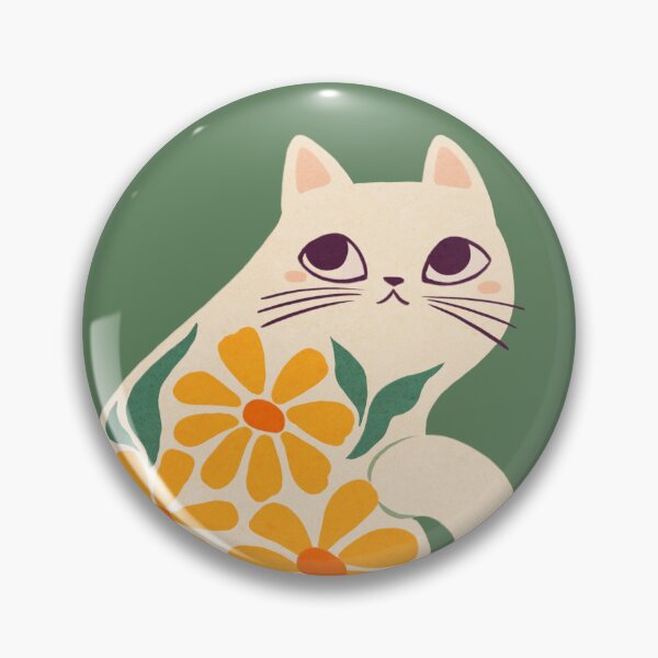 Artikelvorschau, Weiße Katze mit Retro-Gänseblümchenblüten entworfen und verkauft von michelledraws.