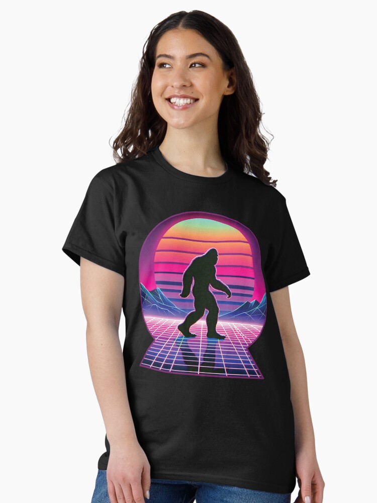 Thumbnail 2 of 7, Classic T-Shirt, Retro Synthwave Bigfoot Silhouette - Neon Sunset Art designed and sold by hidden-design.