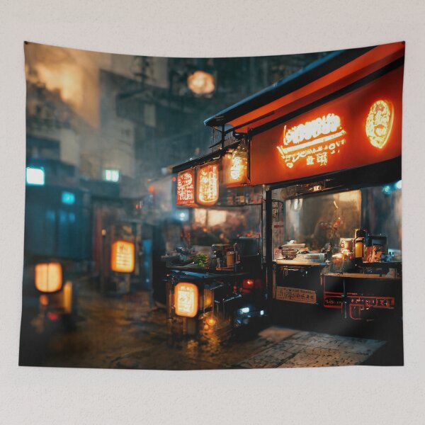 Item preview, Noodle Corner - Cyberpunk Cityscapes designed and sold by ArkMinted.