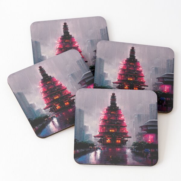 Item preview, Neon Temple - Cyberpunk Fantasy Scapes Cityscape Skyline designed and sold by ArkMinted.