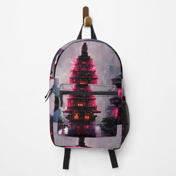 Item preview, Neon Temple - Cyberpunk Fantasy Scapes Cityscape Skyline designed and sold by ArkMinted.