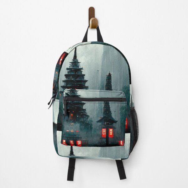 Item preview, Rainy Pagodas - Cyberpunk Fantasy Scapes Cityscape Skyline designed and sold by ArkMinted.