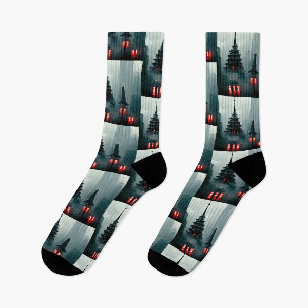 Item preview, Rainy Pagodas - Cyberpunk Fantasy Scapes Cityscape Skyline designed and sold by ArkMinted.