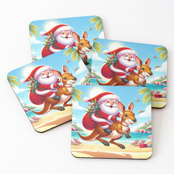 Item preview, Happy Smiling Santa in Australia Riding Kangaroo on a Beach designed and sold by MagicStrawberry.