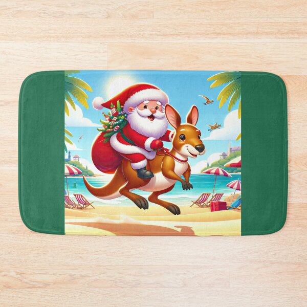 Item preview, Happy Smiling Santa in Australia Riding Kangaroo on a Beach designed and sold by MagicStrawberry.
