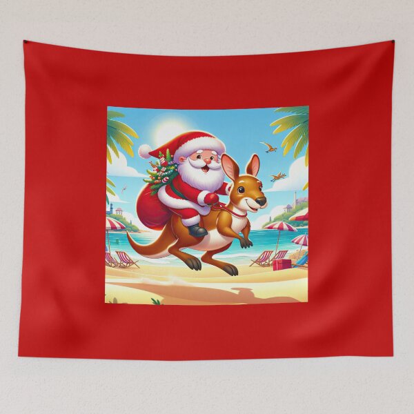 Item preview, Happy Smiling Santa in Australia Riding Kangaroo on a Beach designed and sold by MagicStrawberry.