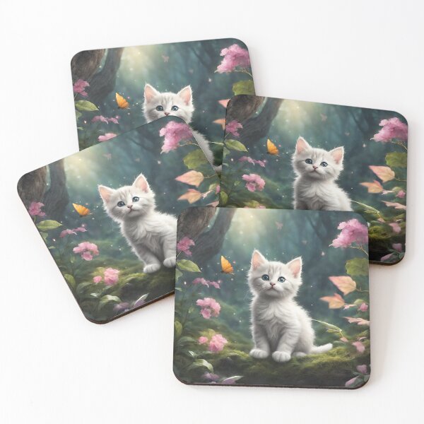 Item preview, Enchanted Forest pets Cat Kitten artwork white butterfly designed and sold by FantasyMountain.