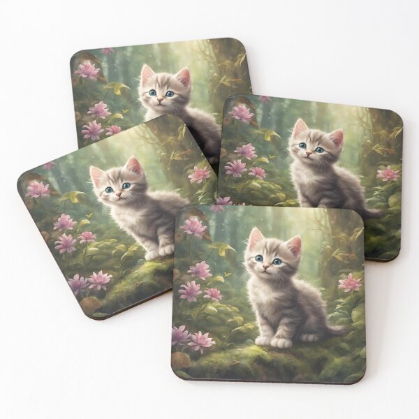 Item preview, Enchanted Forest pets Cat Kitten in woods flowers artwork  designed and sold by FantasyMountain.
