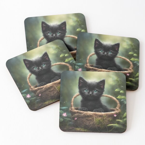 Item preview, Enchanted Forest pets black Cat Kitten in woods flowers artwork  designed and sold by FantasyMountain.